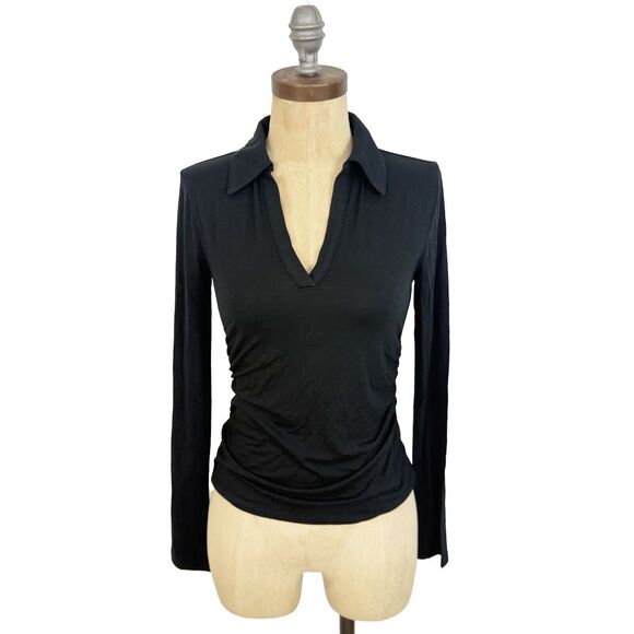 MADEWELL Side-Cinch Long-Sleeve Polo Top XS Slim Fit Jet Black NWT B53 - Picture 2 of 6